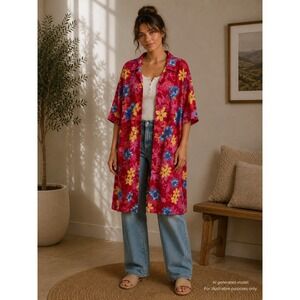 Simply Basic Pink Floral Button Down Sleep Shirt Duster OSFA Tropical Hibiscus